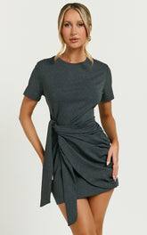 Candace Mini Dress - Faux Wrap Shift Dress in Charcoal